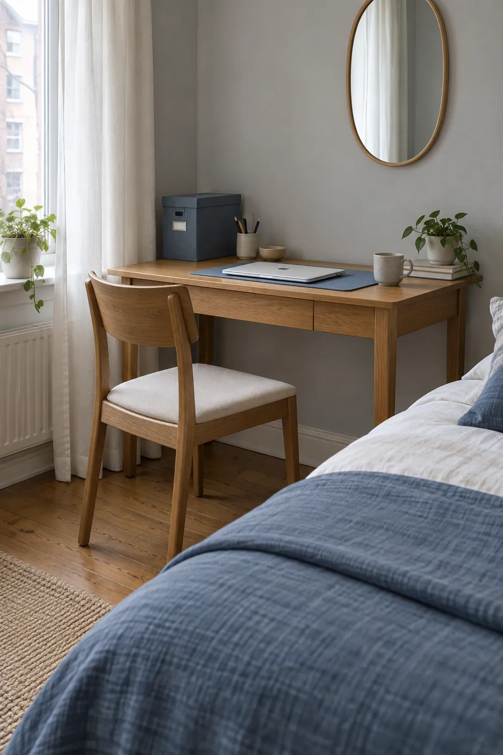 Blue desk accessories connecting a workspace to bedroom bedding