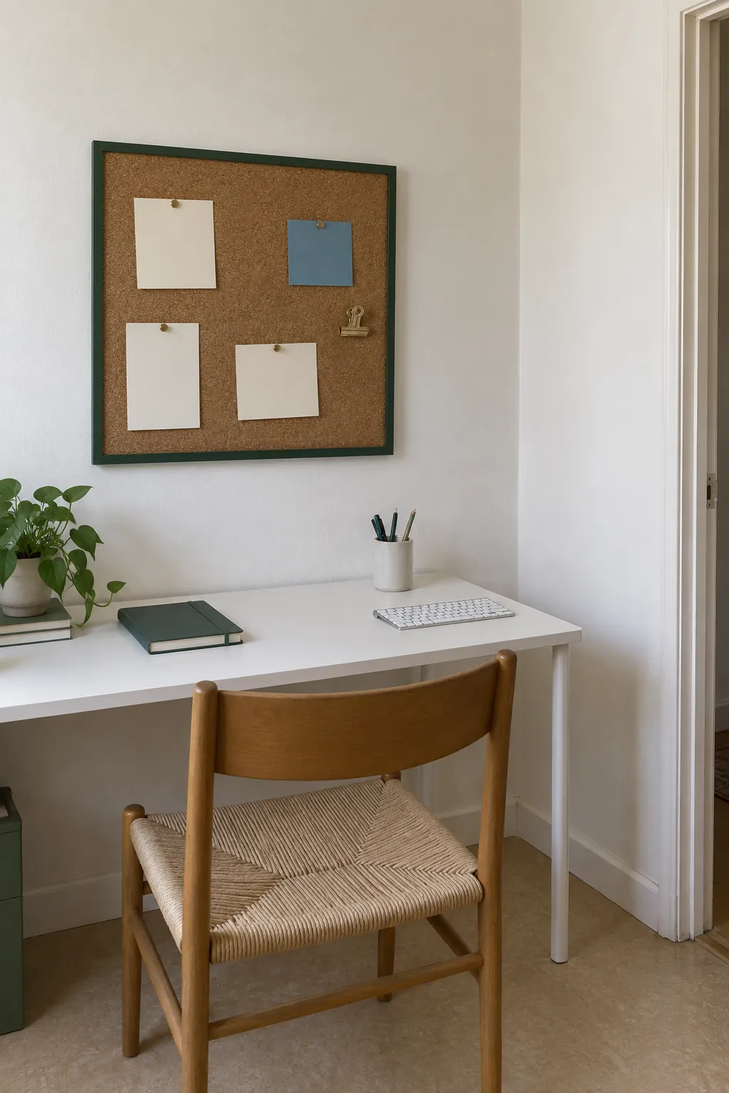 Simple corkboard above a desk with the adjacent wall left clear