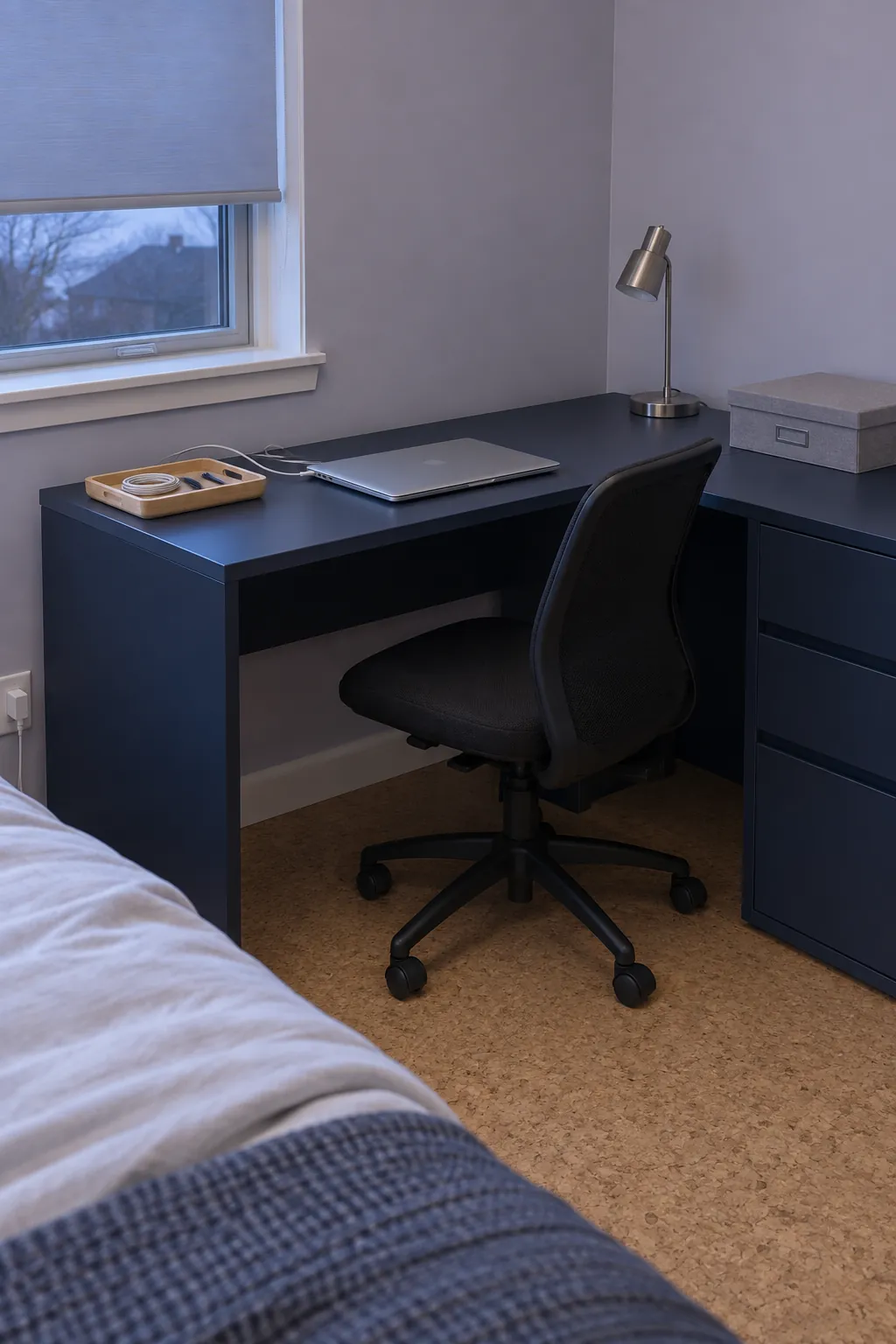 Compact corner desk with closed work storage and a tidy charging tray