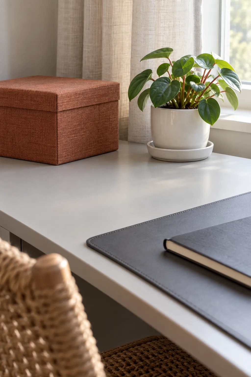 Practical textile and ceramic details beside a clear writing area