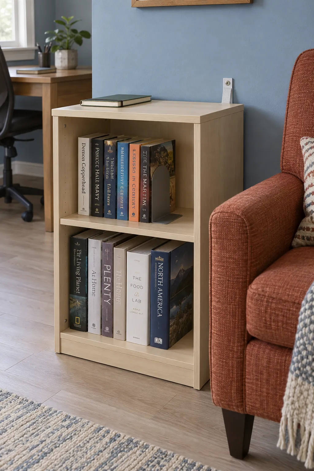 A low bookcase with a reachable current reading selection
