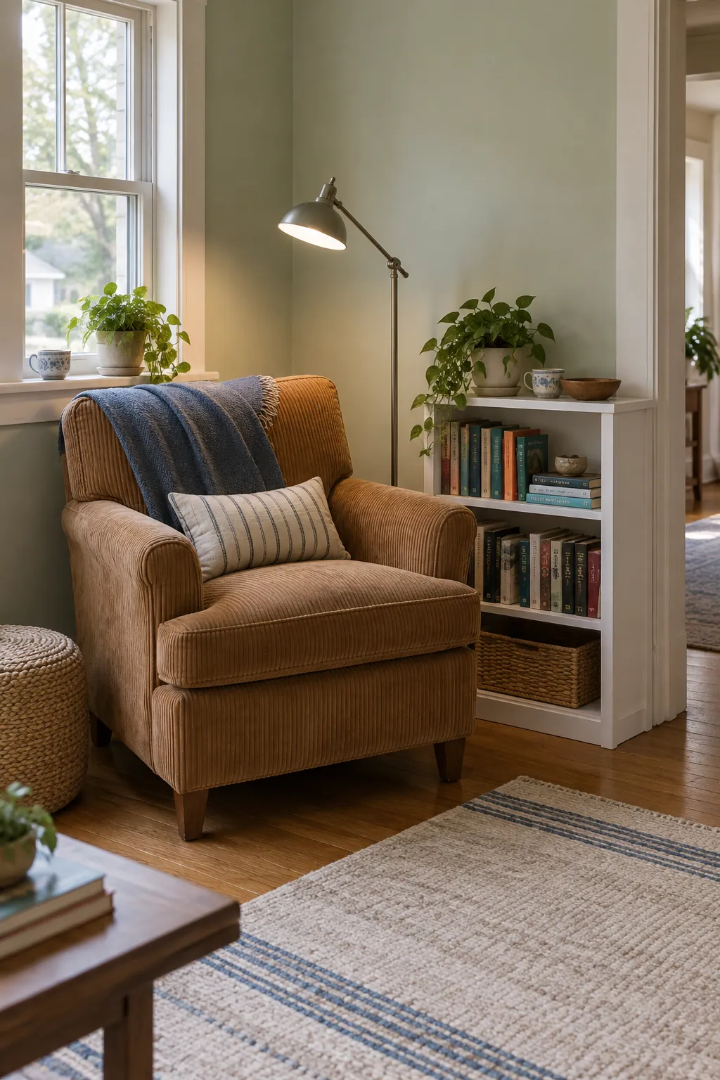 Cozy book corner with a caramel chair and reachable low bookcase