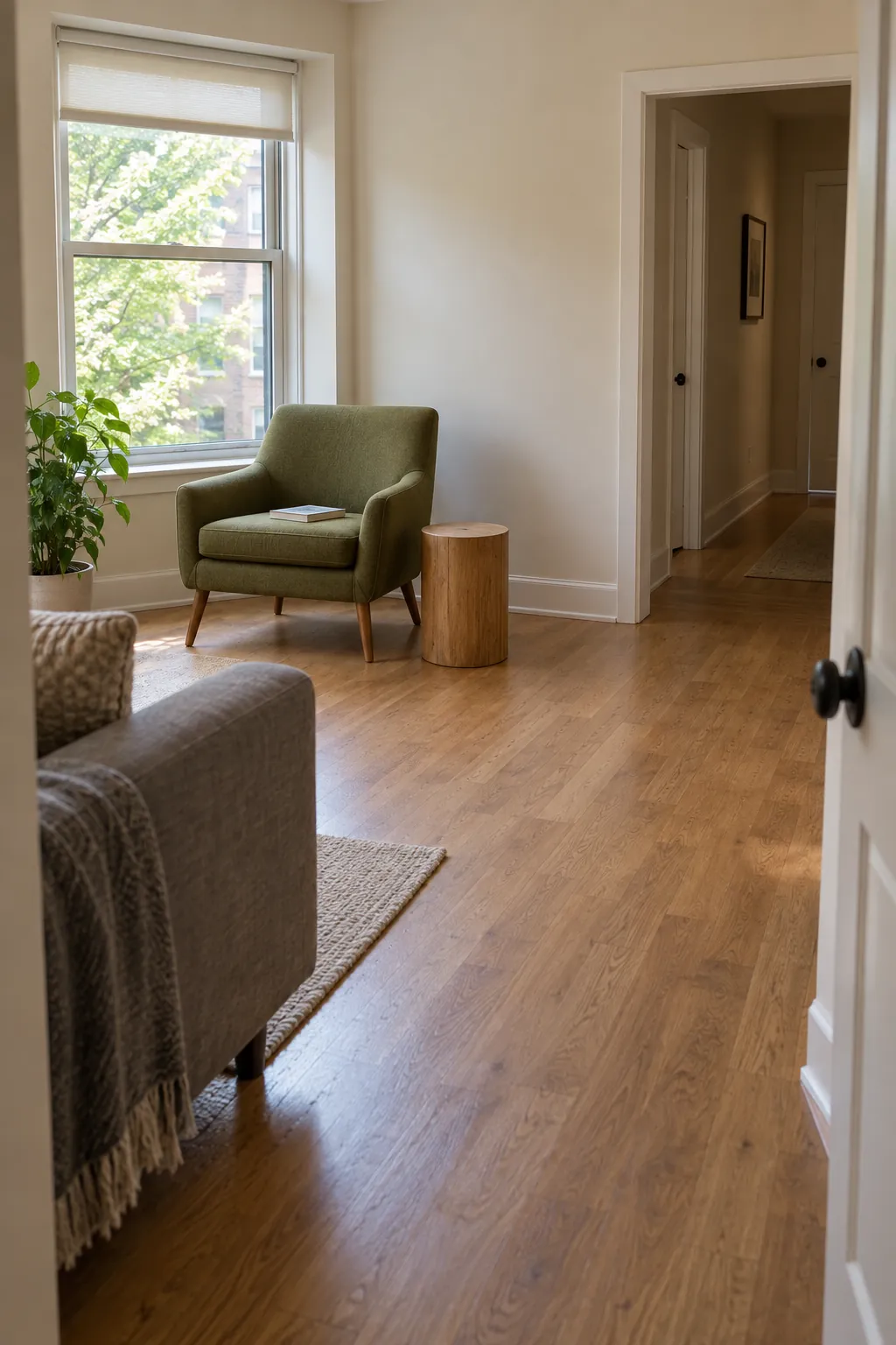 A reading seat placed clear of a small living room passage