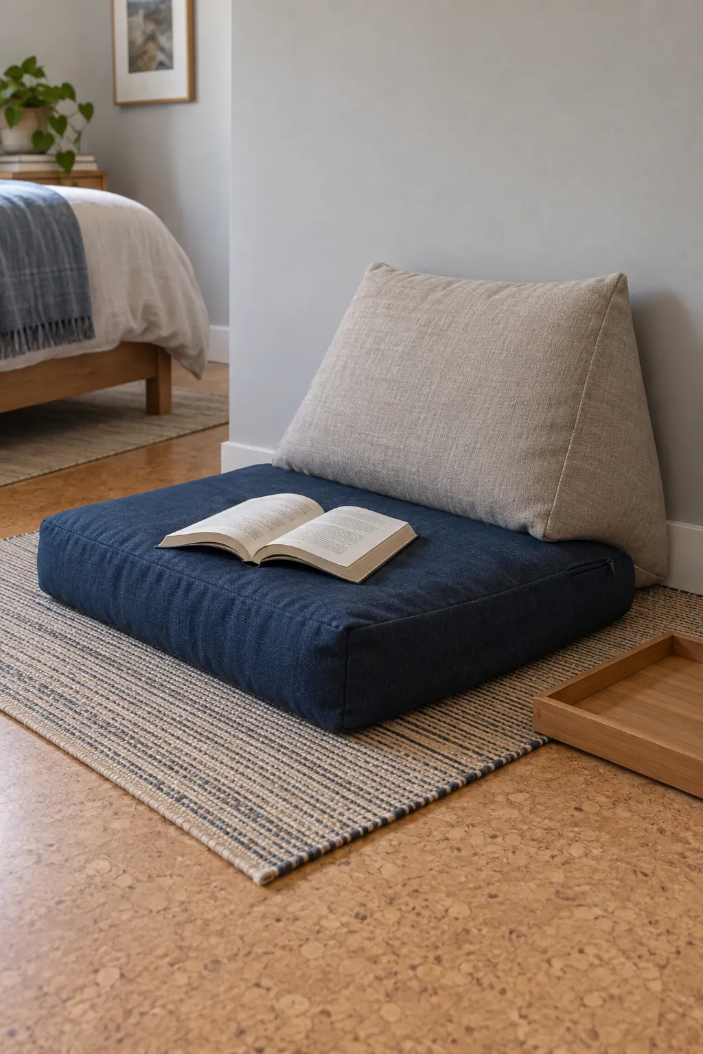 A supportive floor cushion arrangement beside a bedroom wall