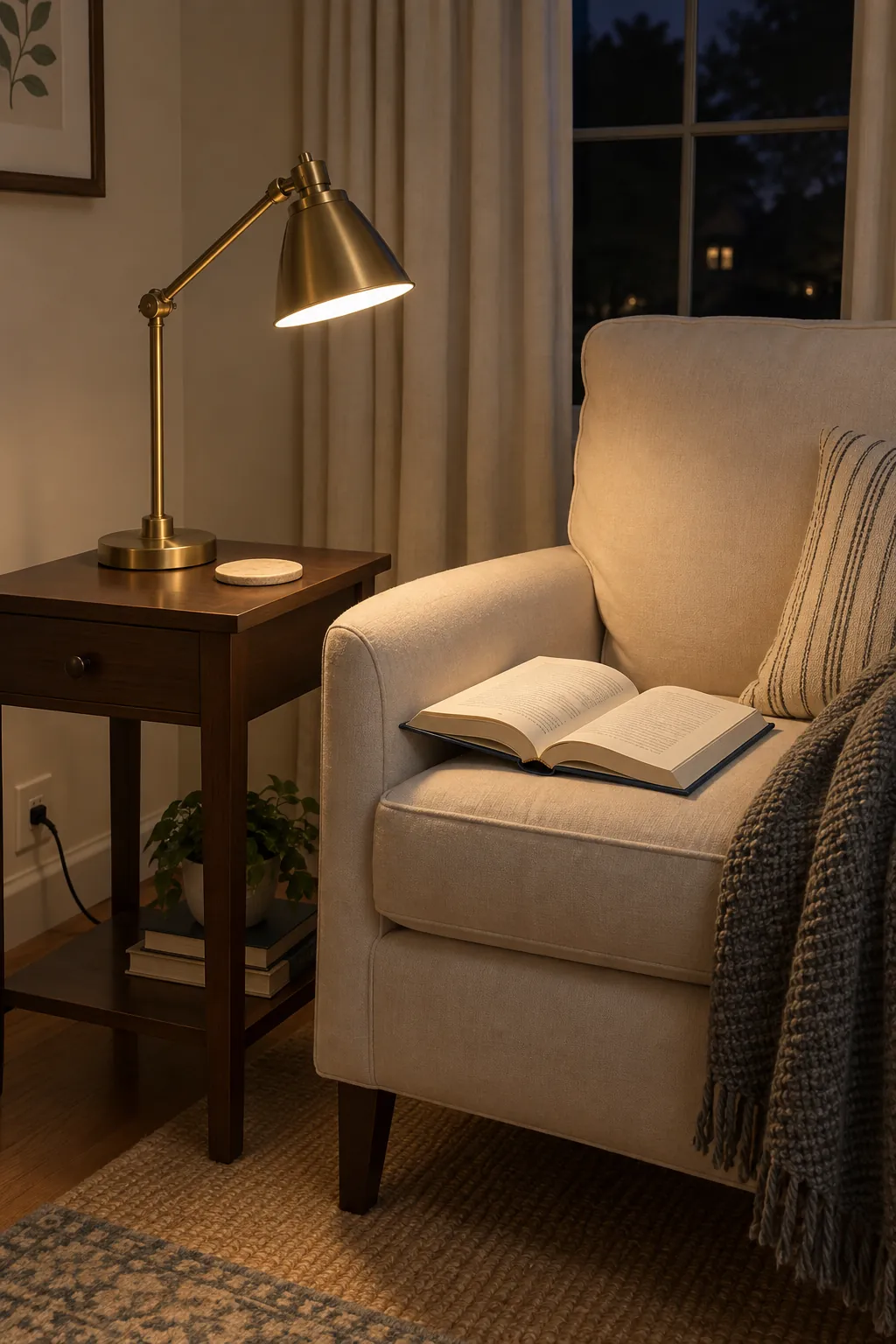 A compact table lamp illuminating a book in an evening nook