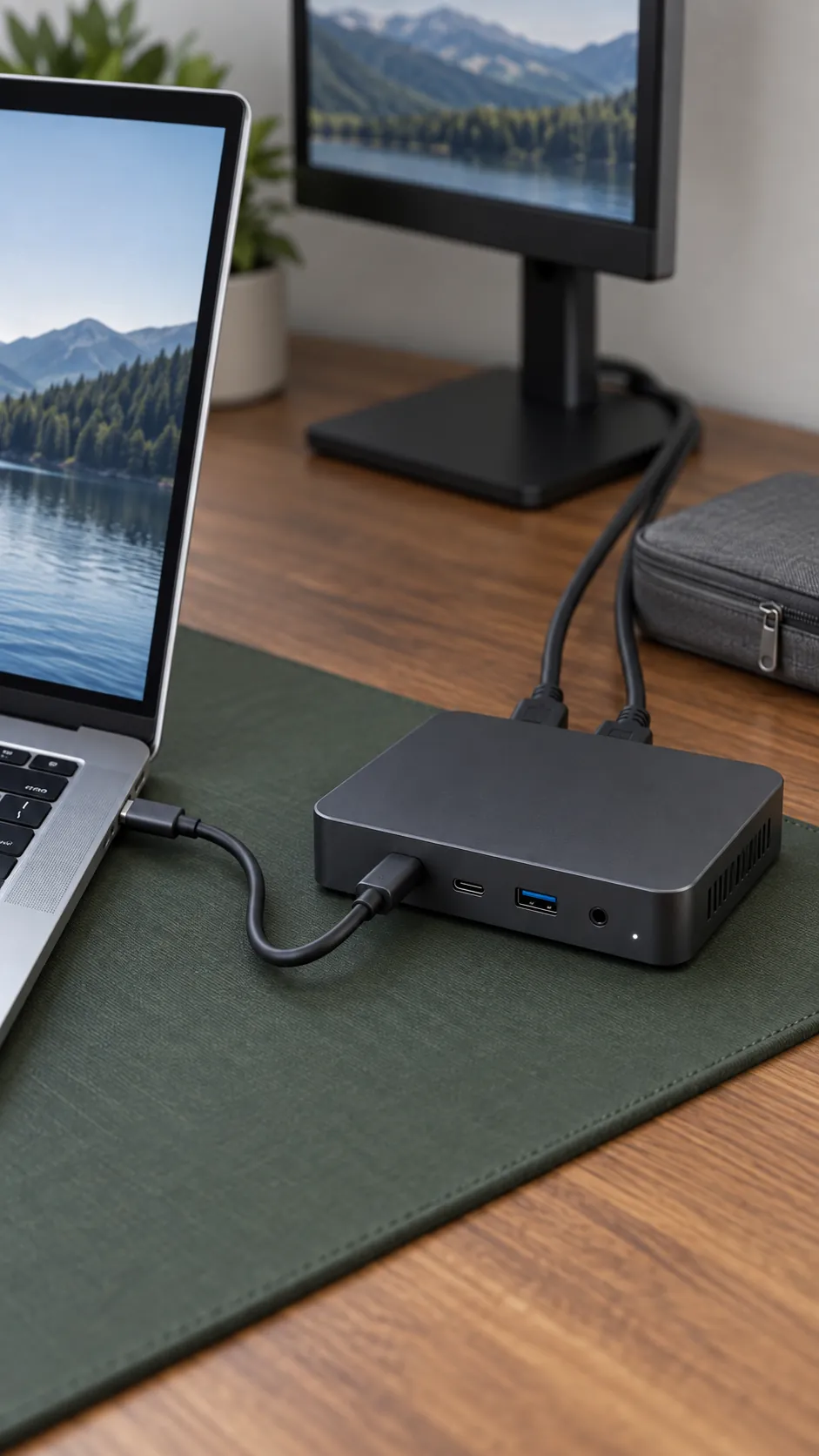 Accessible laptop dock and cables beside a monitor workstation