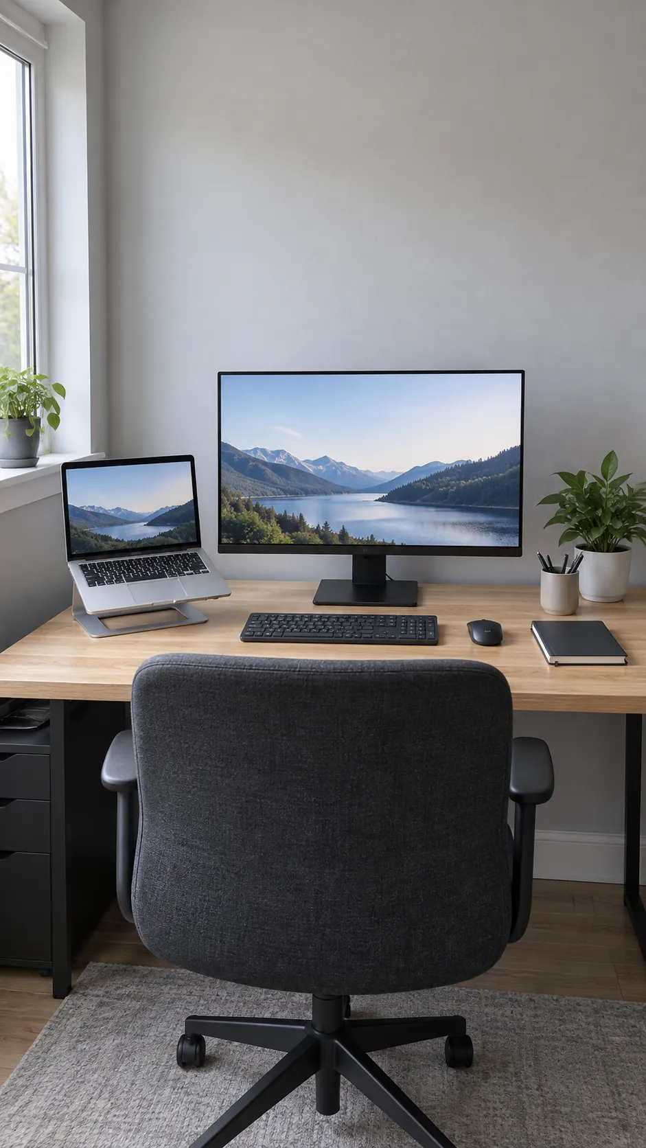 Practical laptop and monitor workstation with a centered keyboard