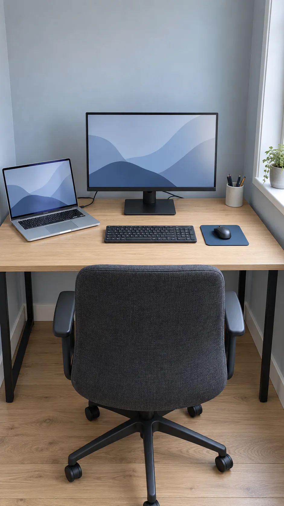 Primary monitor centered over a keyboard with laptop to the side