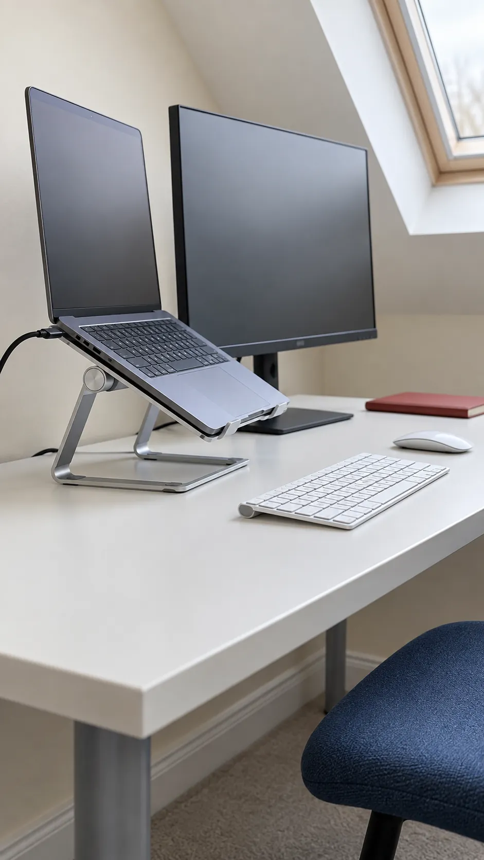 Laptop on a ventilated stand next to a larger monitor