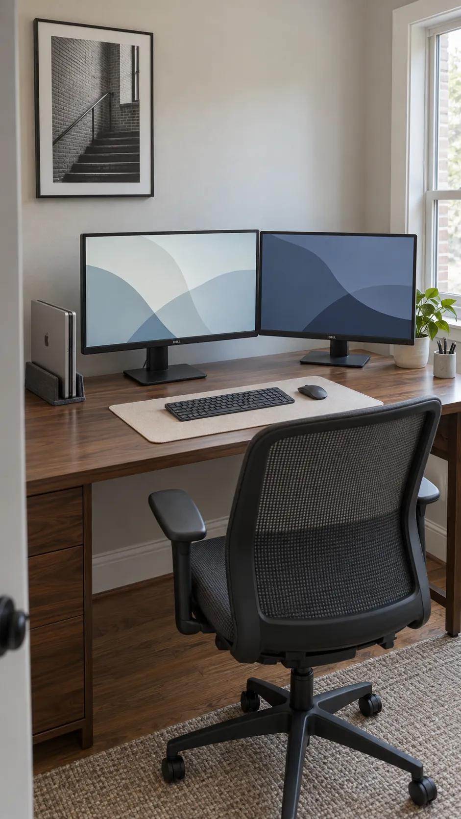 Two displays arranged around a clear keyboard area with laptop closed