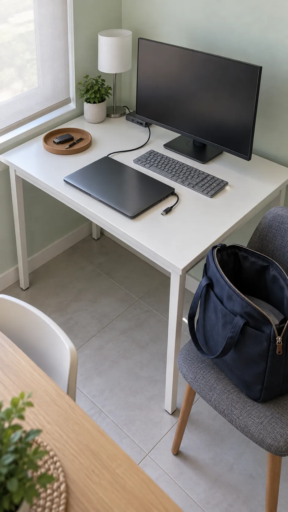 Compact desk with accessible laptop connection and clear packing space