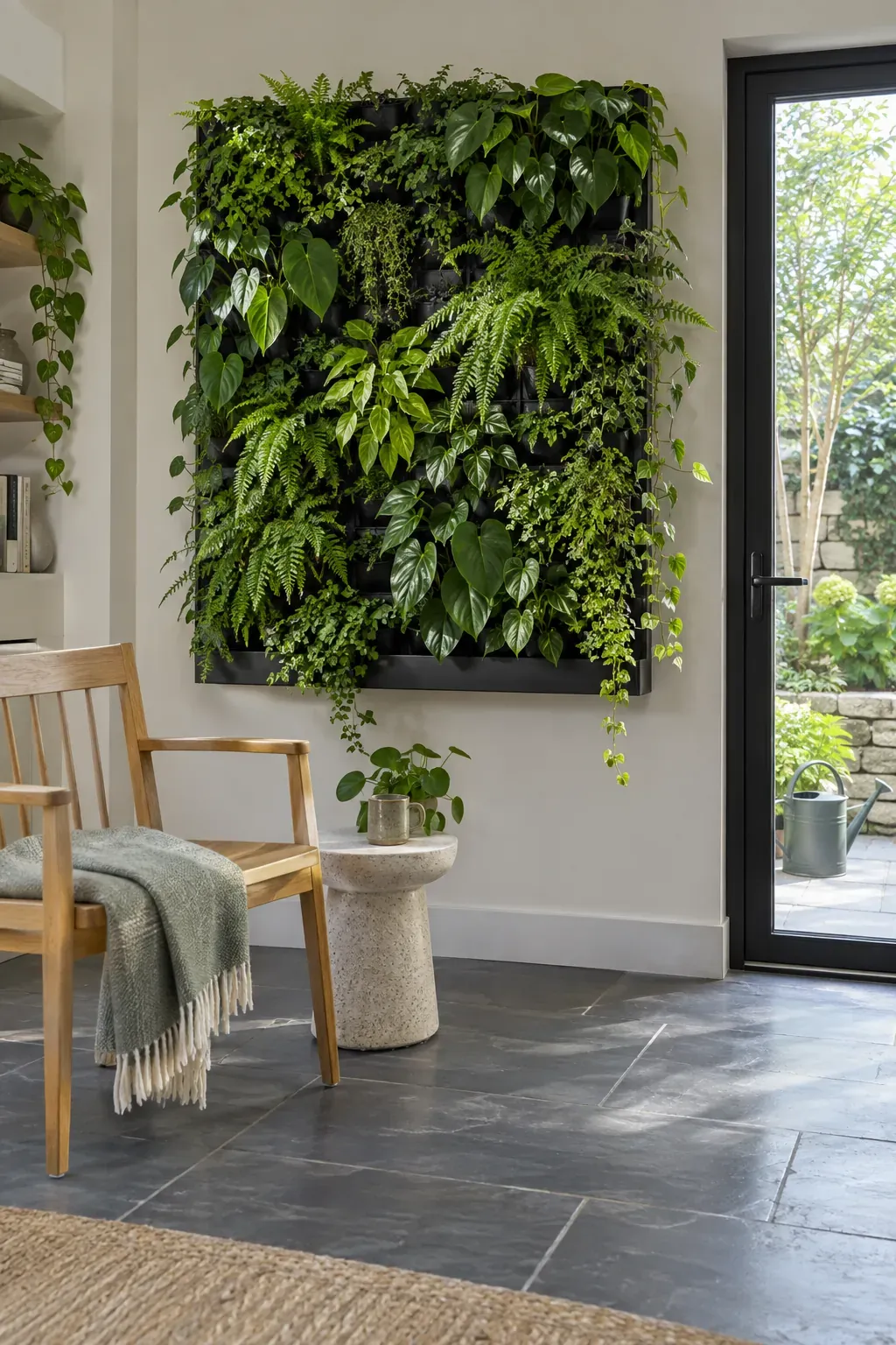 Living green wall in a garden room with accessible planting and seating