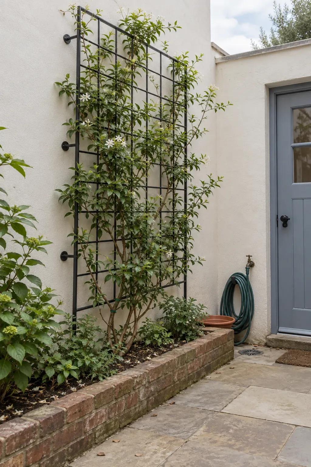 A shaded courtyard trellis