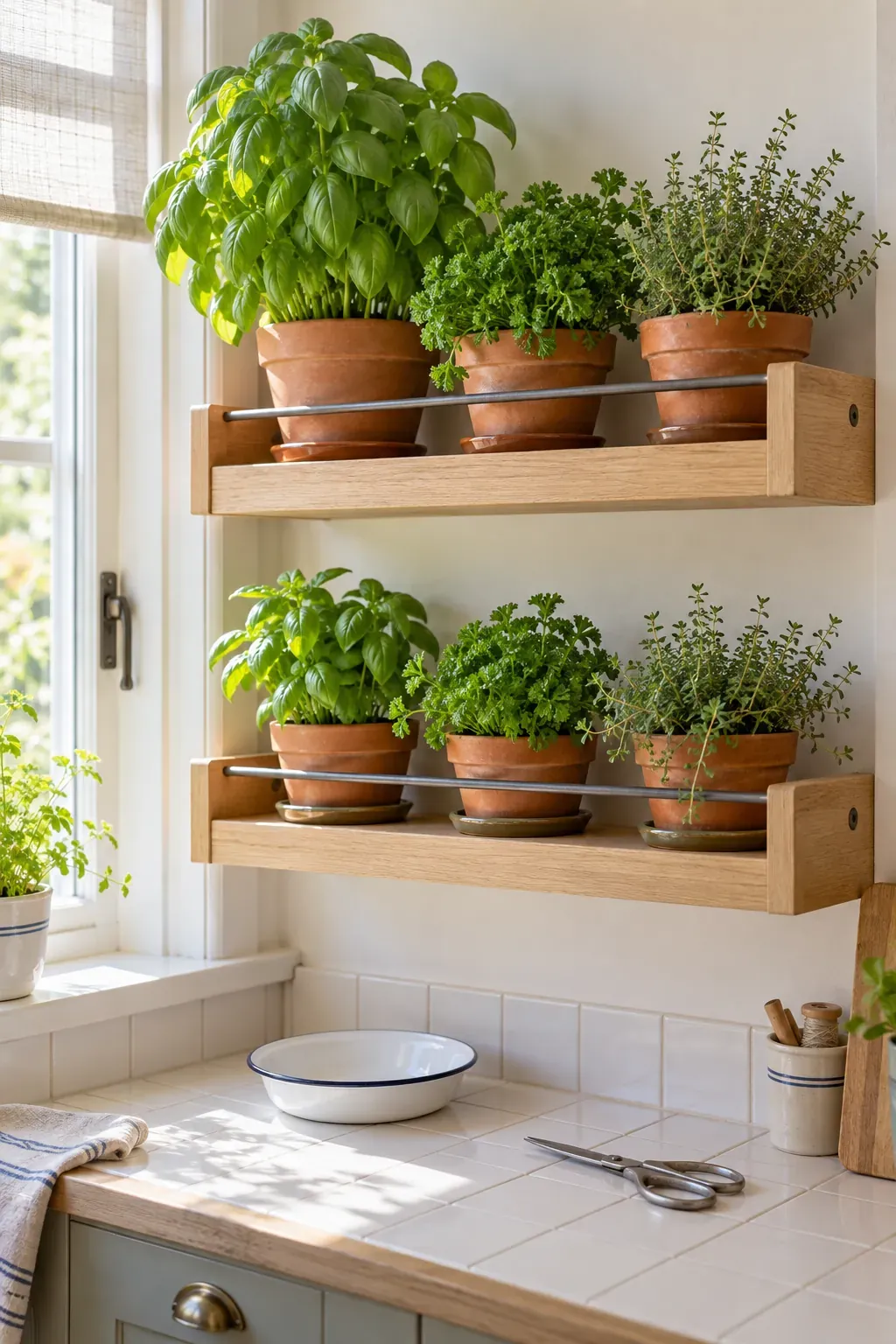 Kitchen herbs on deep ledges