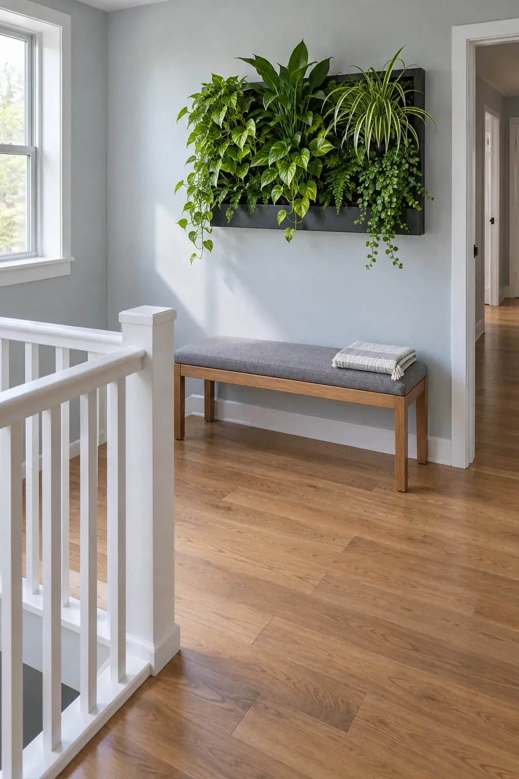 A planted panel above a landing bench