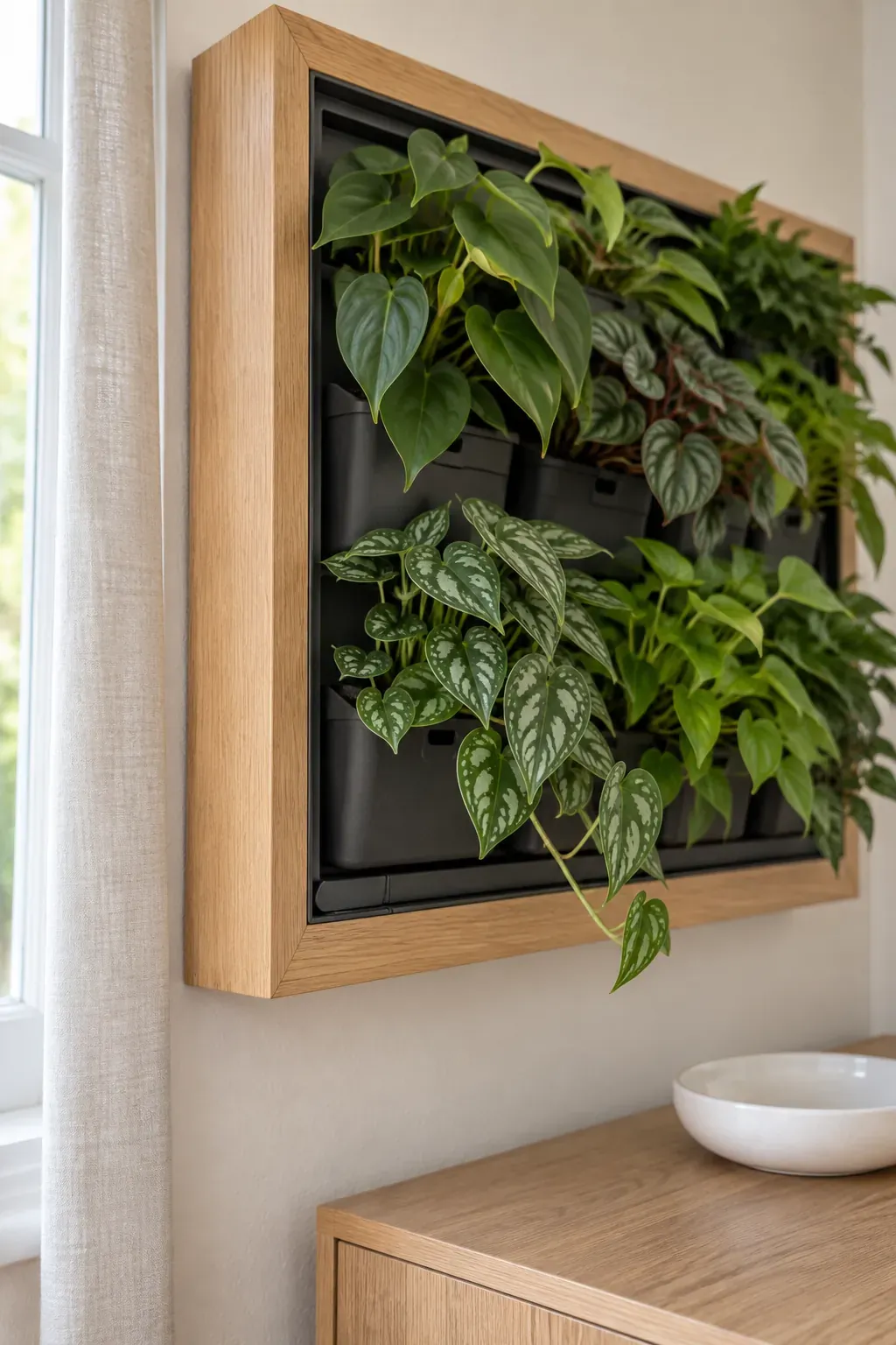 A timber frame around replaceable plants