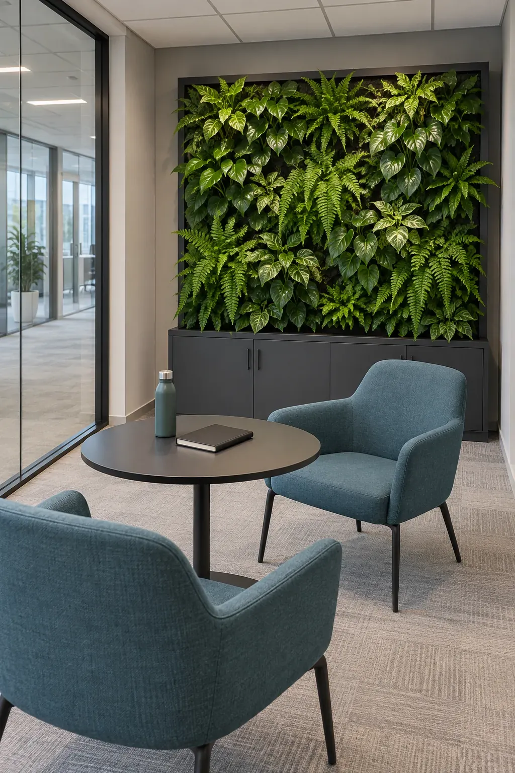 A green backdrop for an office meeting nook