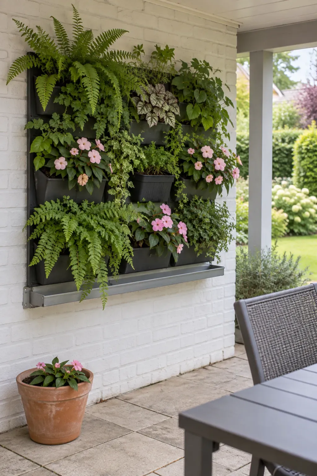 A sheltered patio wall with seasonal pockets