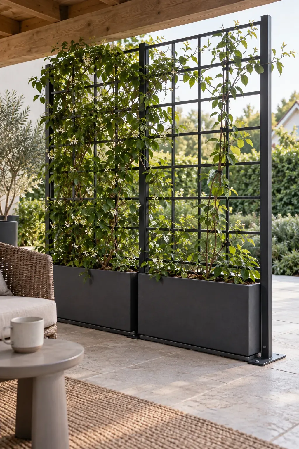A planted divider on a covered terrace