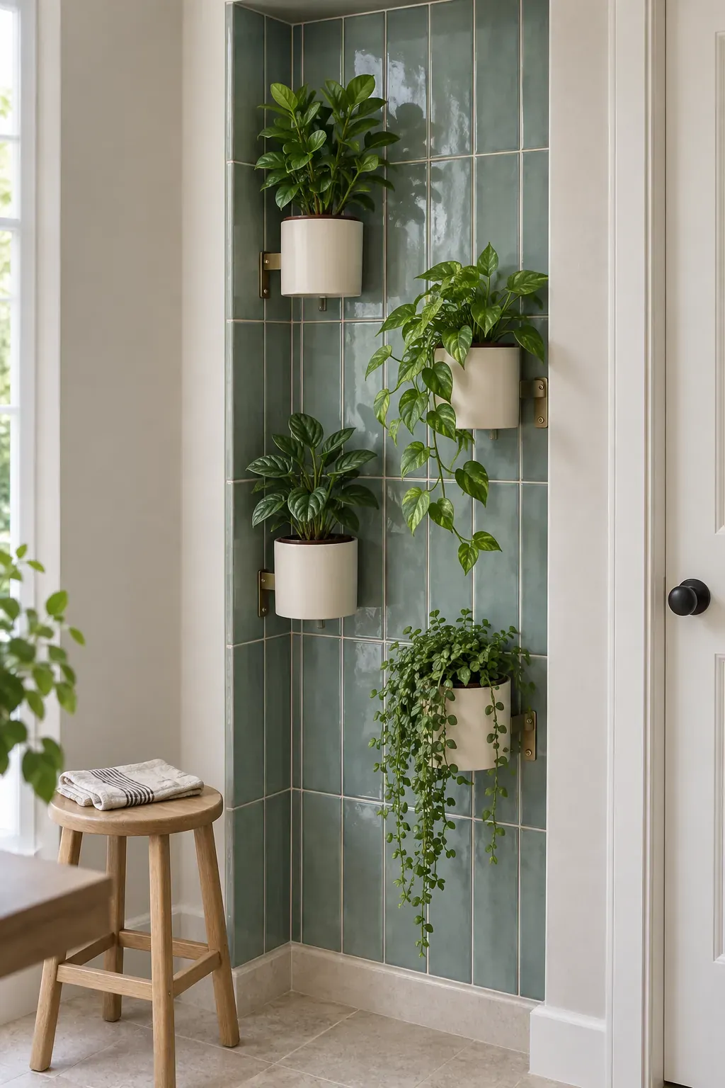 A tiled alcove with individual planters