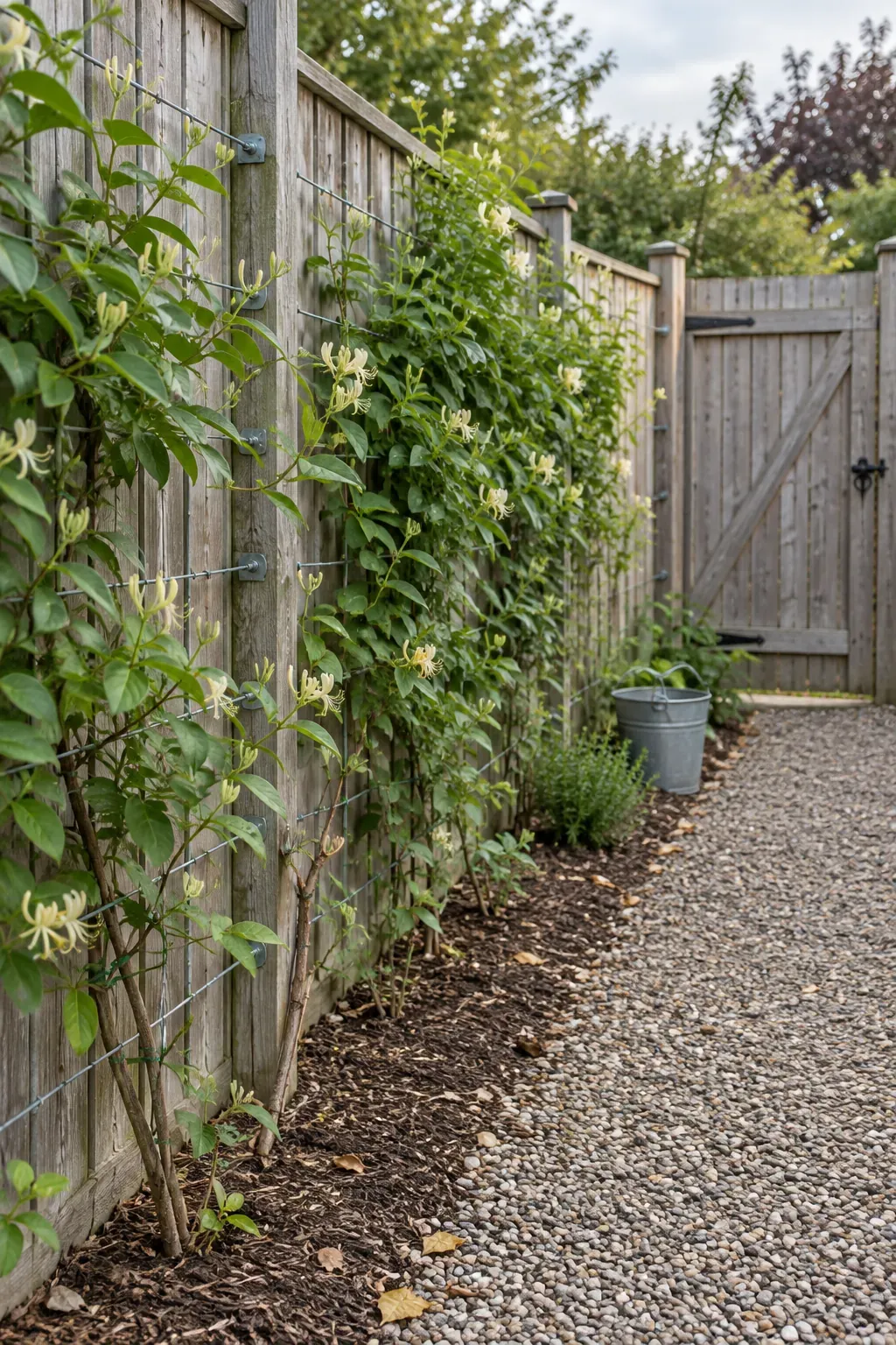 A garden fence softened by climbers
