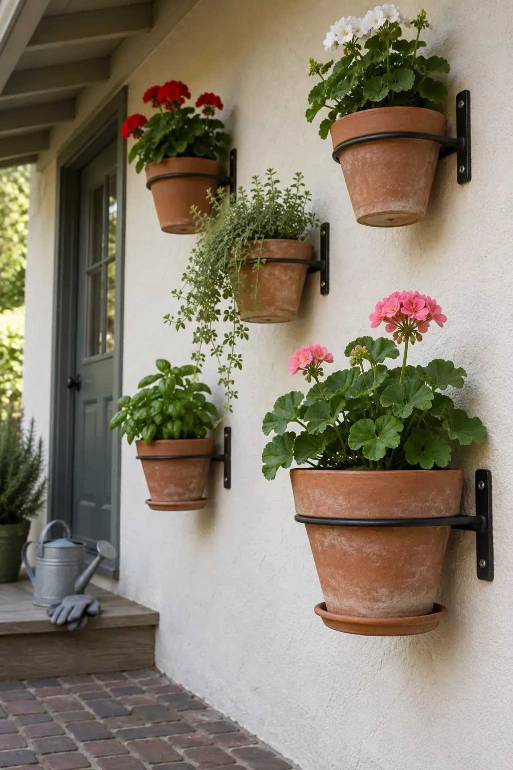 A rain sheltered wall of terracotta pots