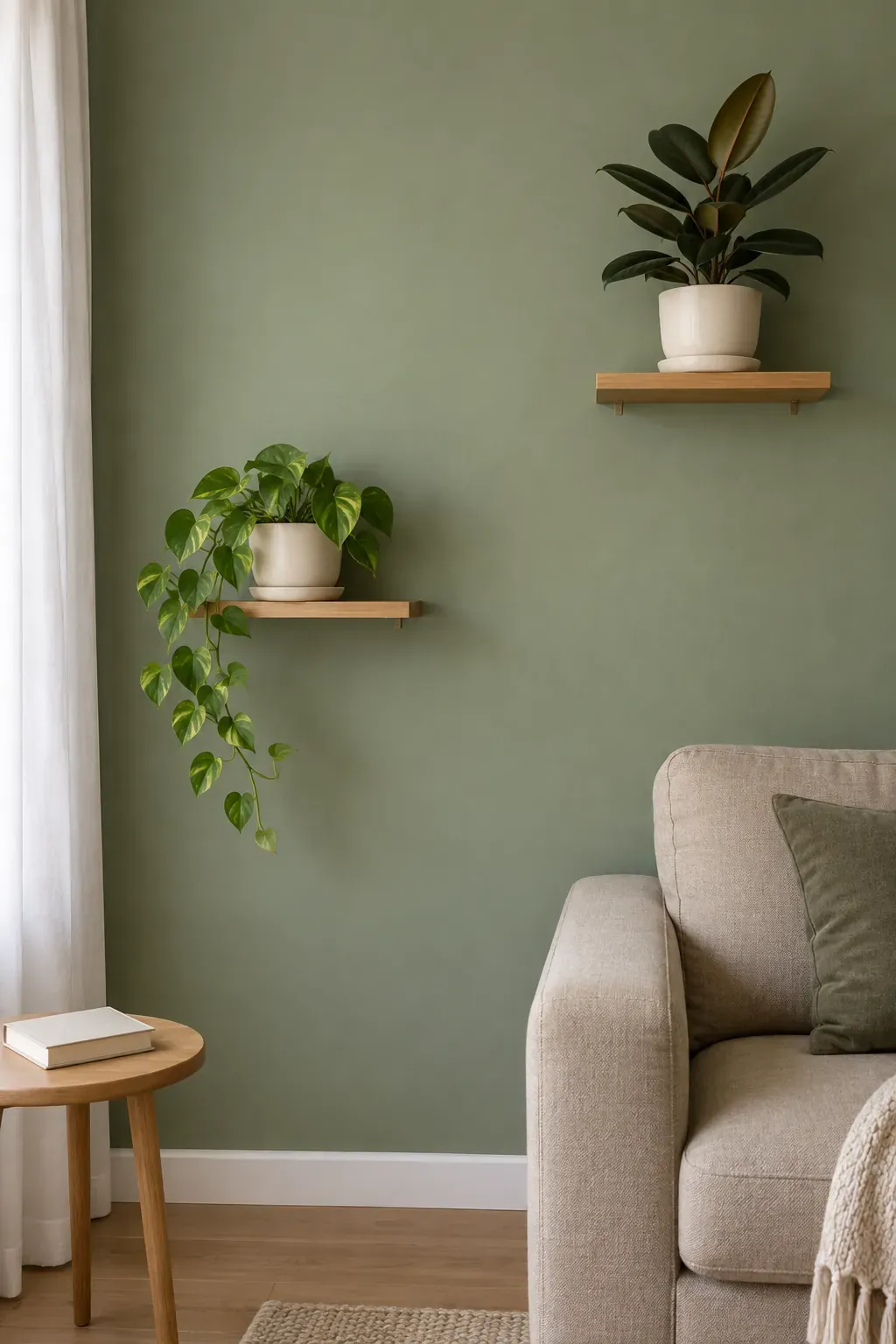 A muted green wall with living accents