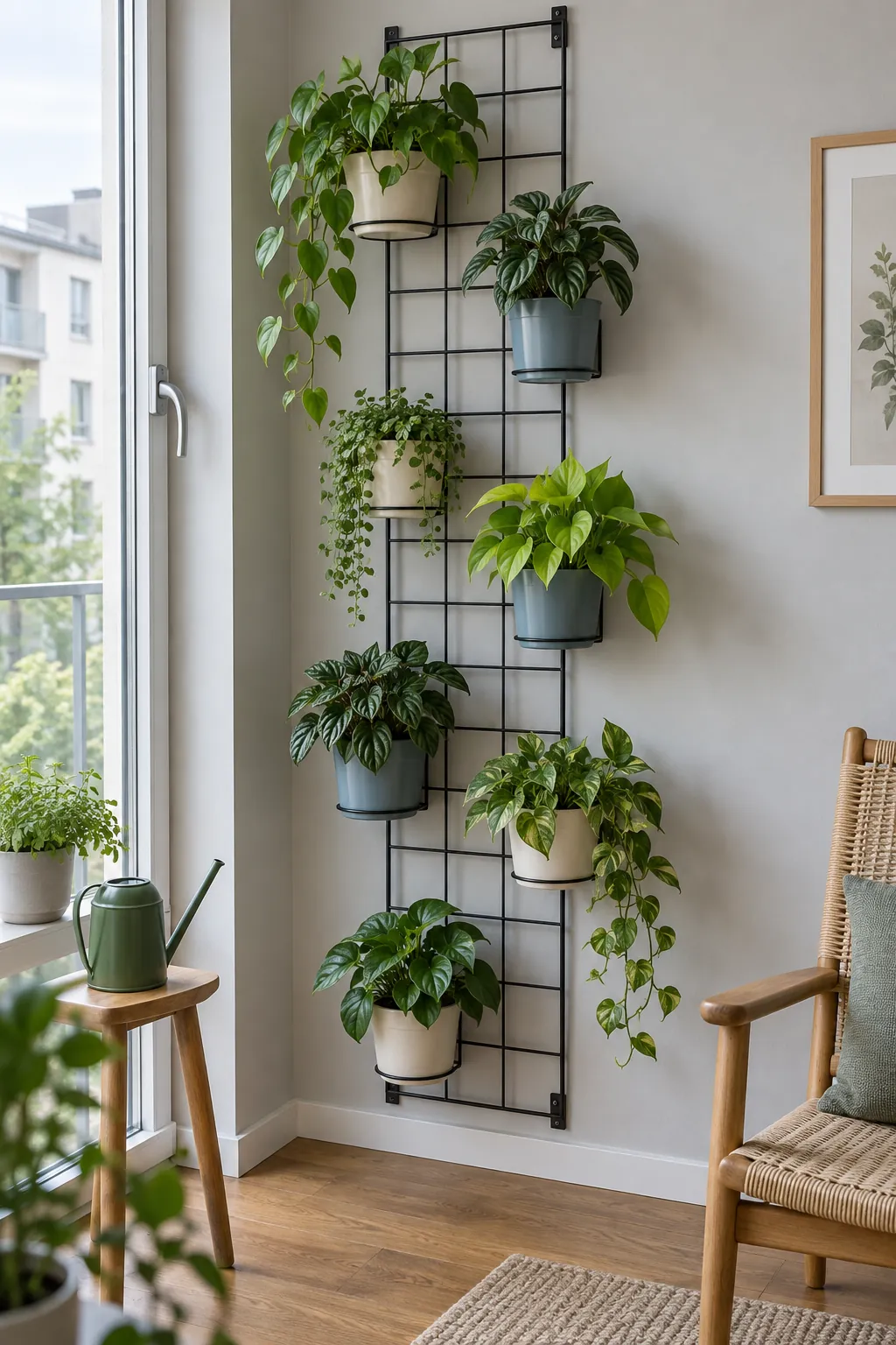 Removable vertical plant wall in a bright home corner