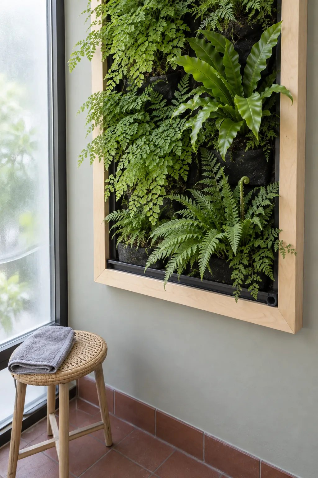 A framed fern garden in indirect light
