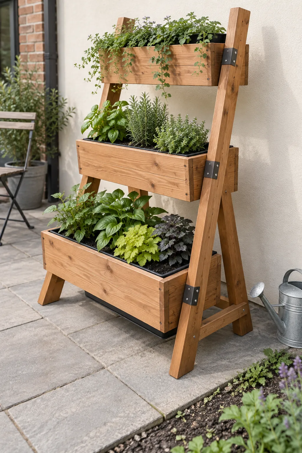 An outdoor ladder of planter boxes