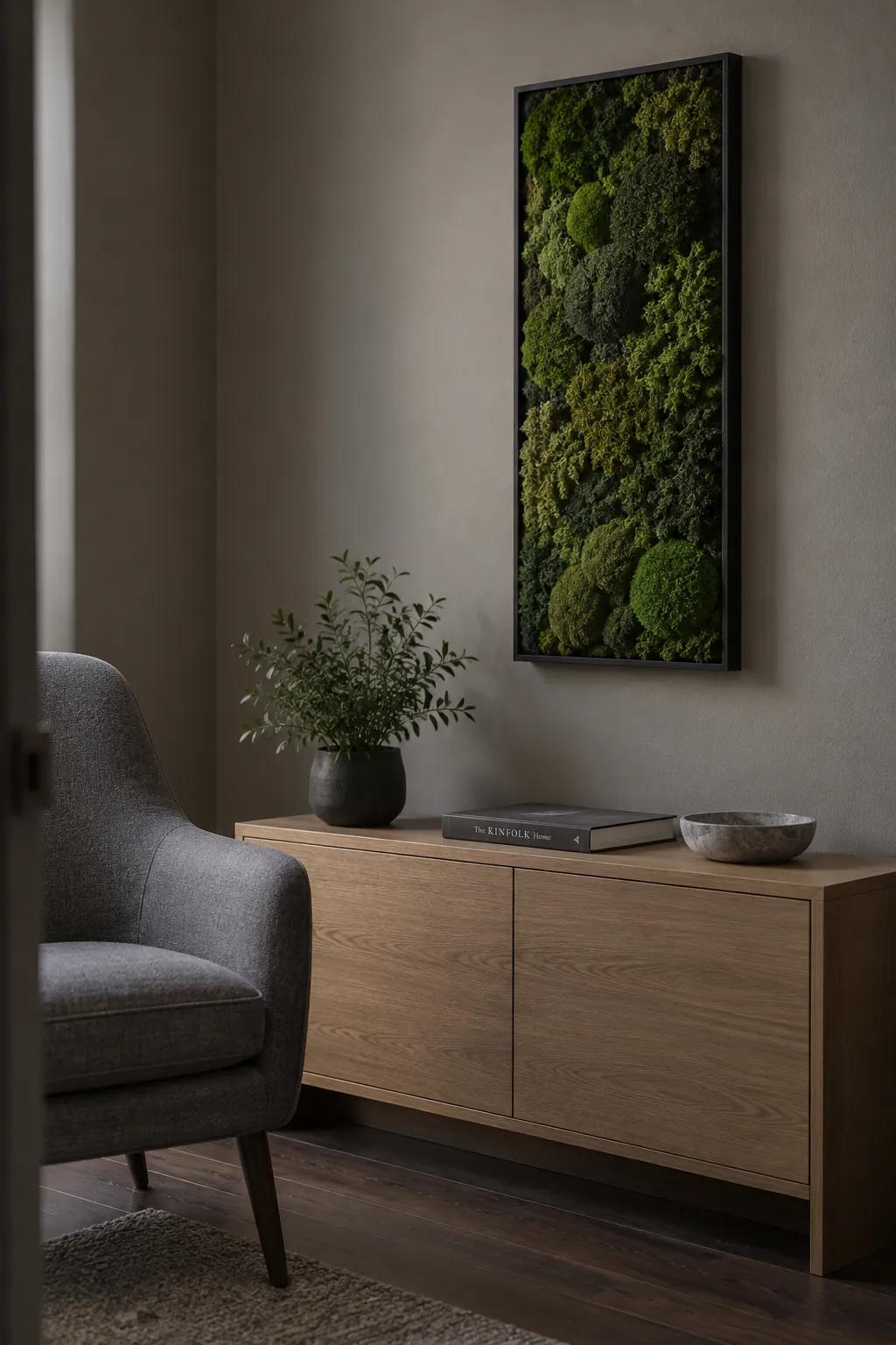 A preserved moss panel for a dim corner