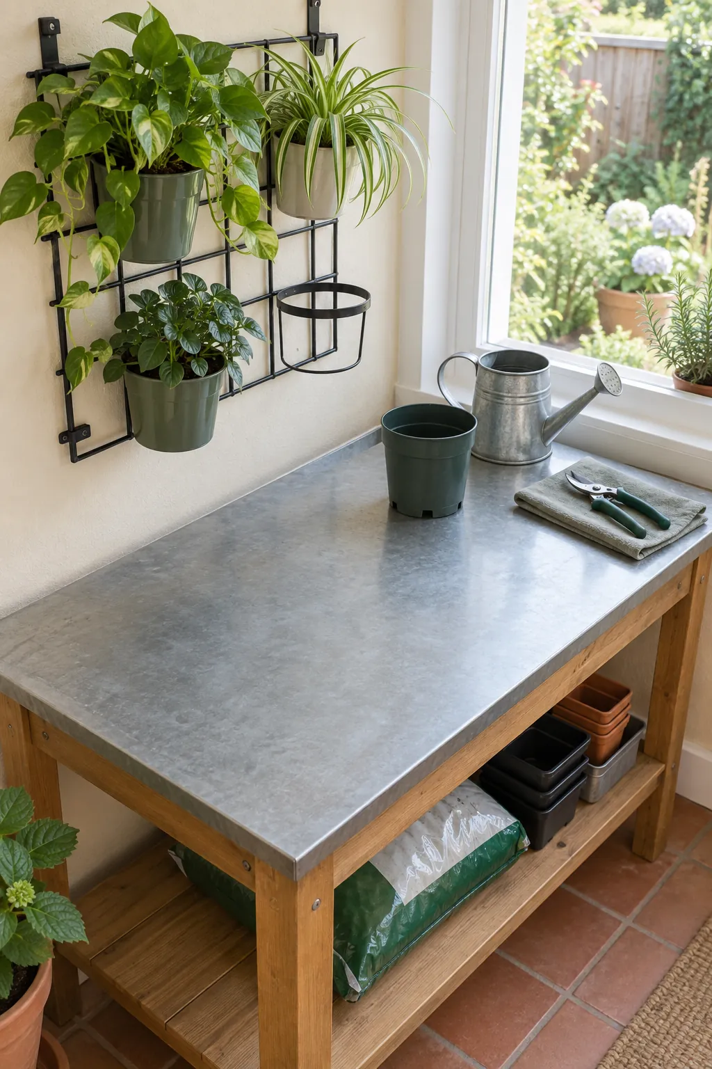 A compact wall beside the potting station