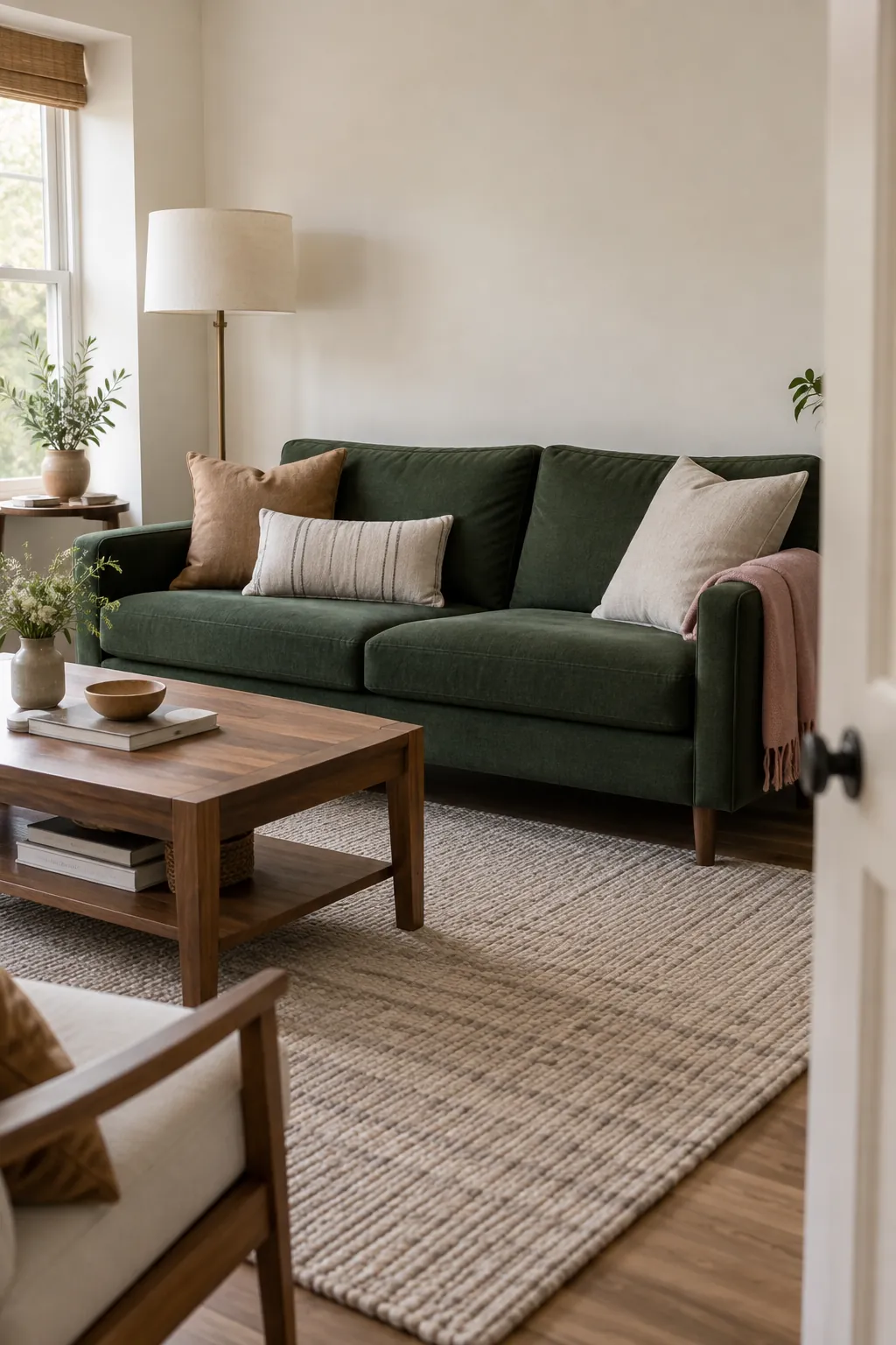 Forest green sofa with ivory, camel and dusty pink textiles in a natural home