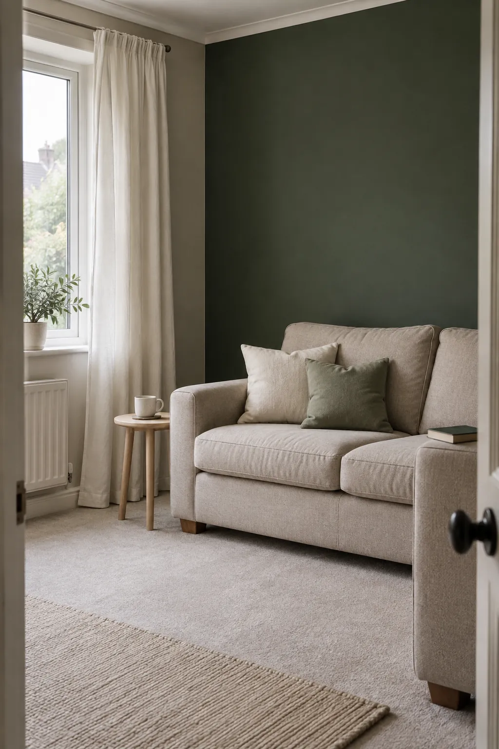 Ivory curtains and an oatmeal sofa beside a forest green living room wall