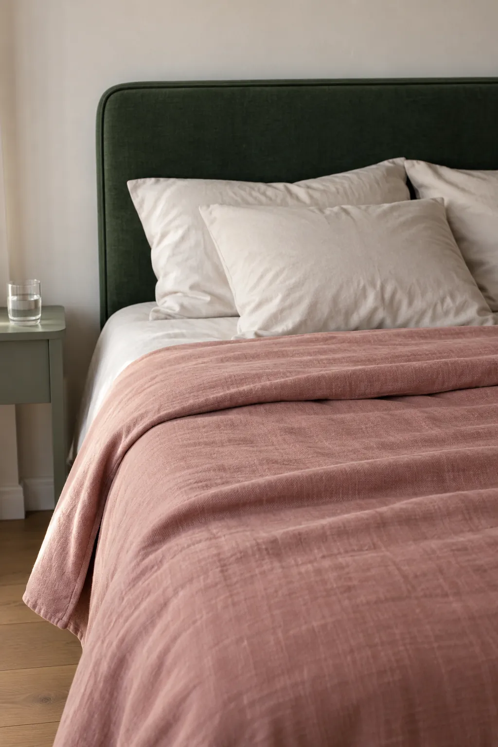 Dusty rose bedding beneath a forest green upholstered headboard