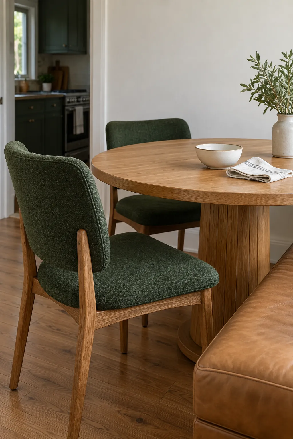 Forest green dining chairs around a natural oak table with a camel leather seat