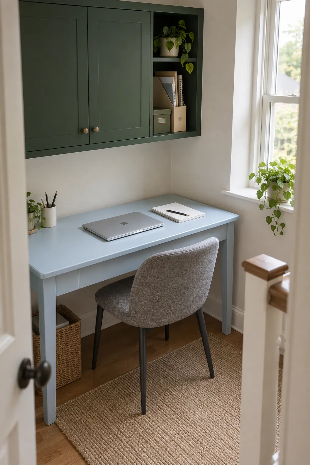 Pale blue desk and forest green storage in a compact home office