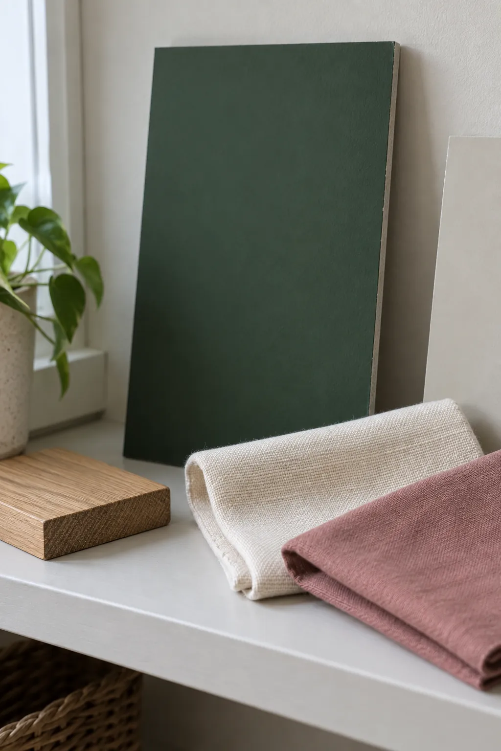 Forest green paint sample tested beside ivory fabric, oak and muted pink textile