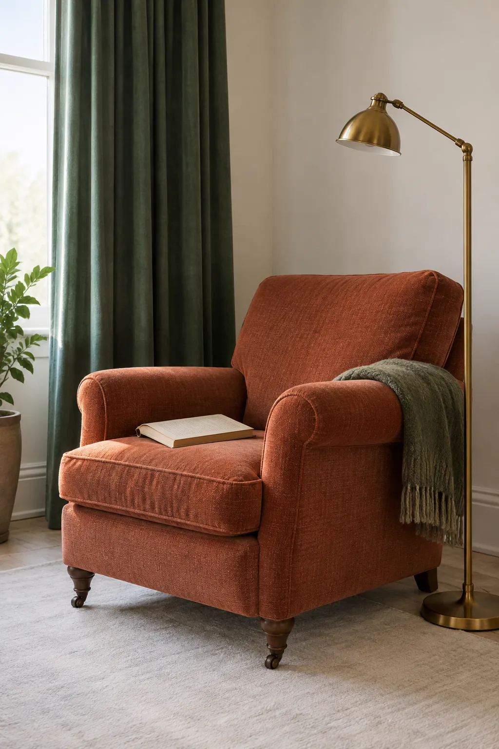 Terracotta armchair beside forest green curtains and a small brass reading lamp