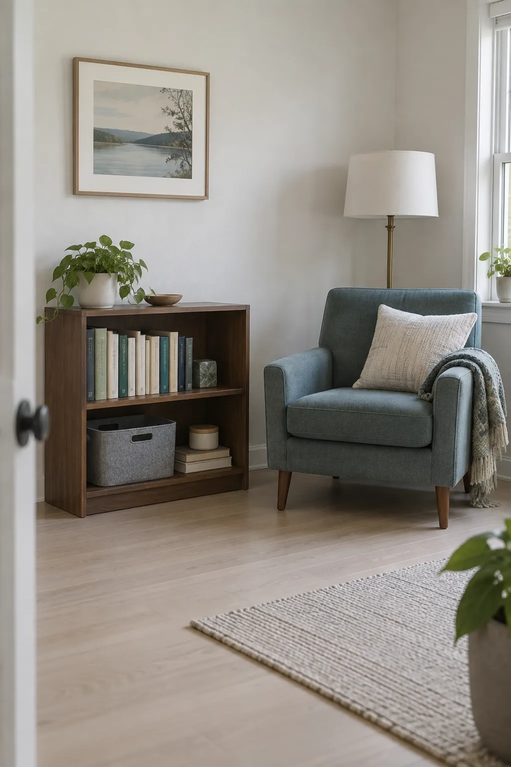 Organized reading corner with accessible storage and clear floor space