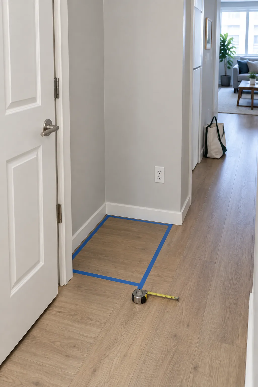 Floor tape marking a storage footprint beside an open apartment door
