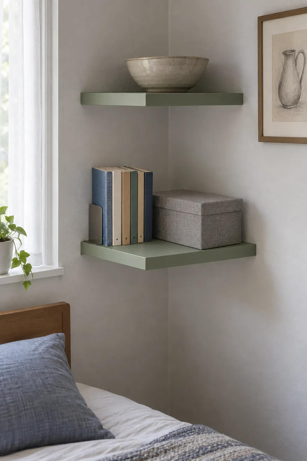 Shallow corner shelves with accessible books and a small storage box