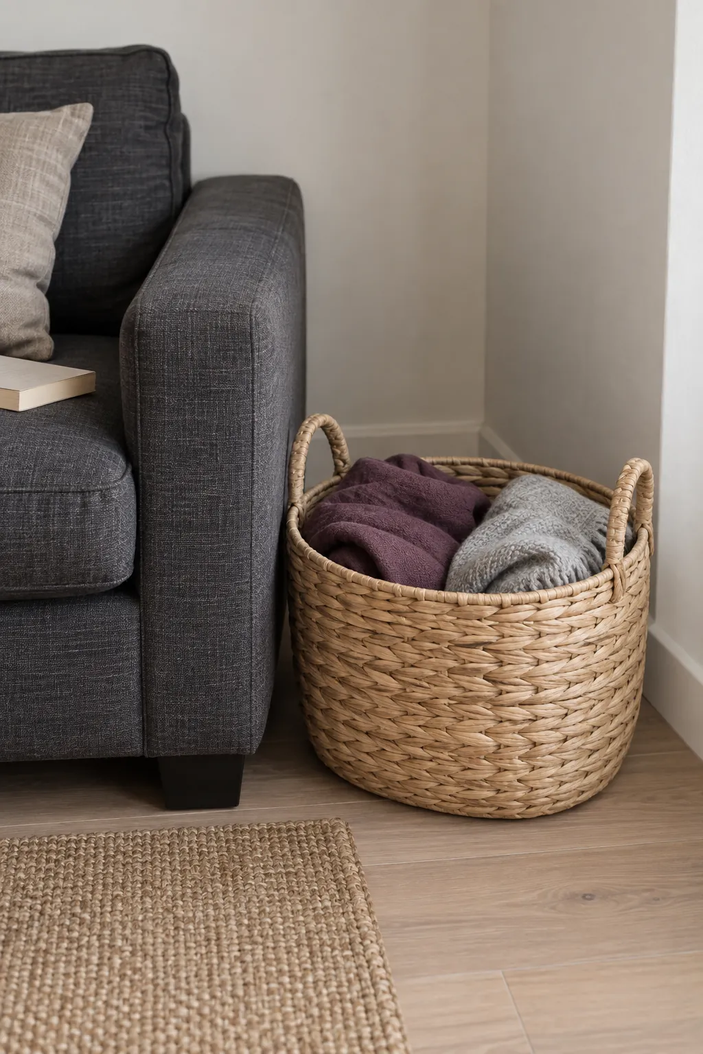 Handled basket of folded throws within reach of a sofa