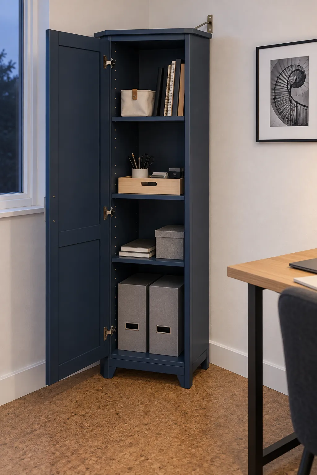 Open tall corner cabinet with heavy storage low and light supplies above