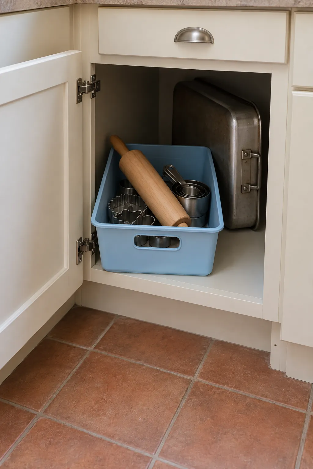 Removable handled bin inside an open kitchen corner cabinet