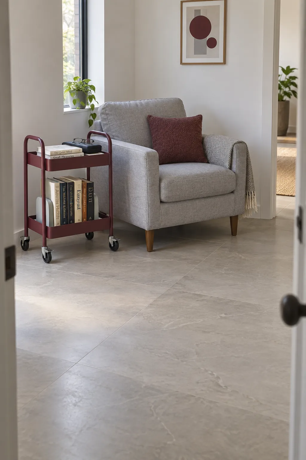 Compact book cart parked beside an armchair with a clear walking route