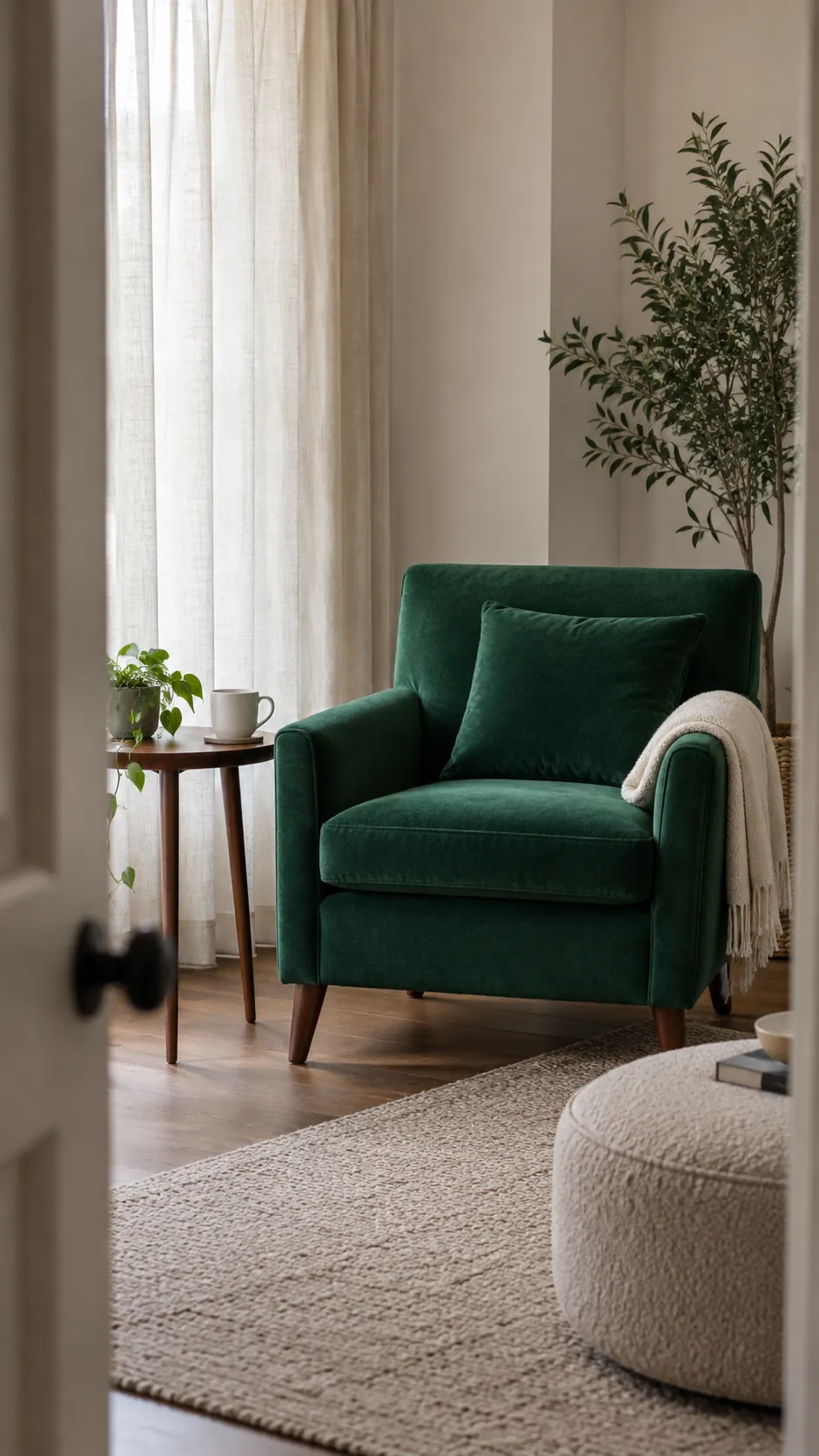 Emerald armchair with walnut and pale textiles in a comfortable room