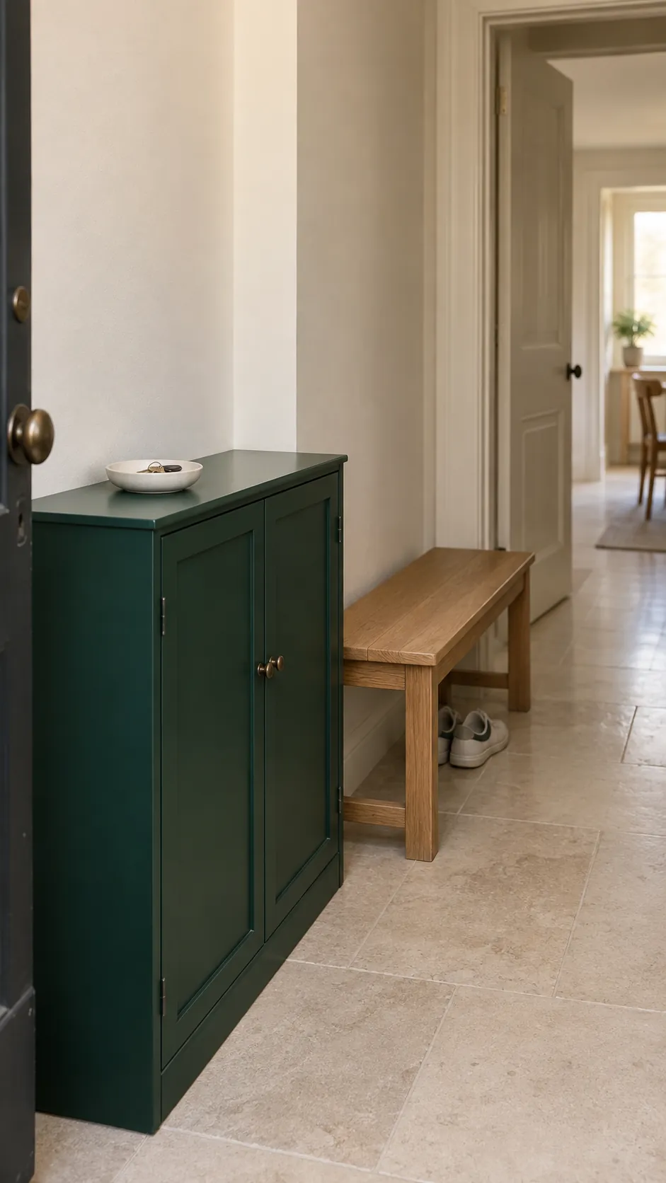 Emerald cabinet paired with oak and ivory in a compact entryway