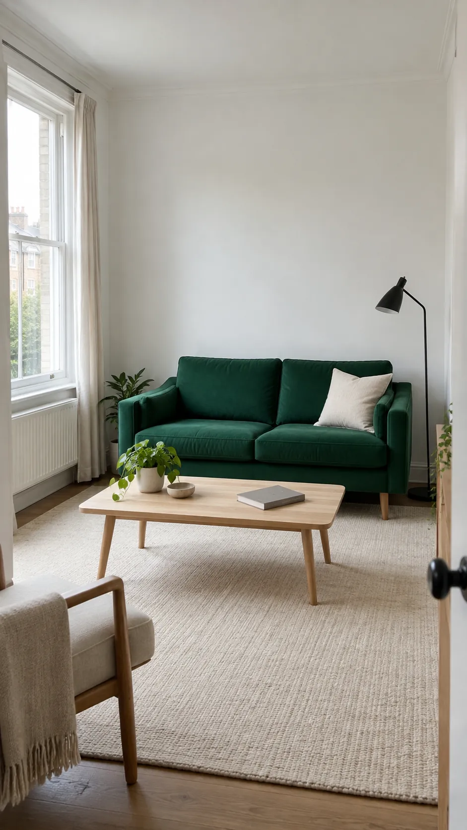 Emerald green sofa as the main colour feature in a pale living room