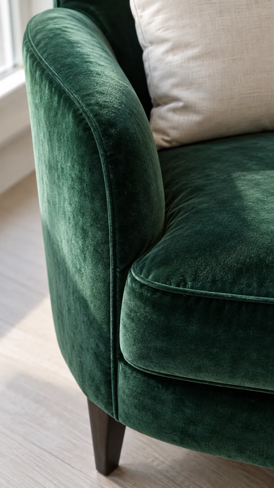 Close view of emerald velvet chair upholstery changing in natural light